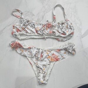 WeWoreWhat Ruffled Floral Bikini in White and Pink- never worn